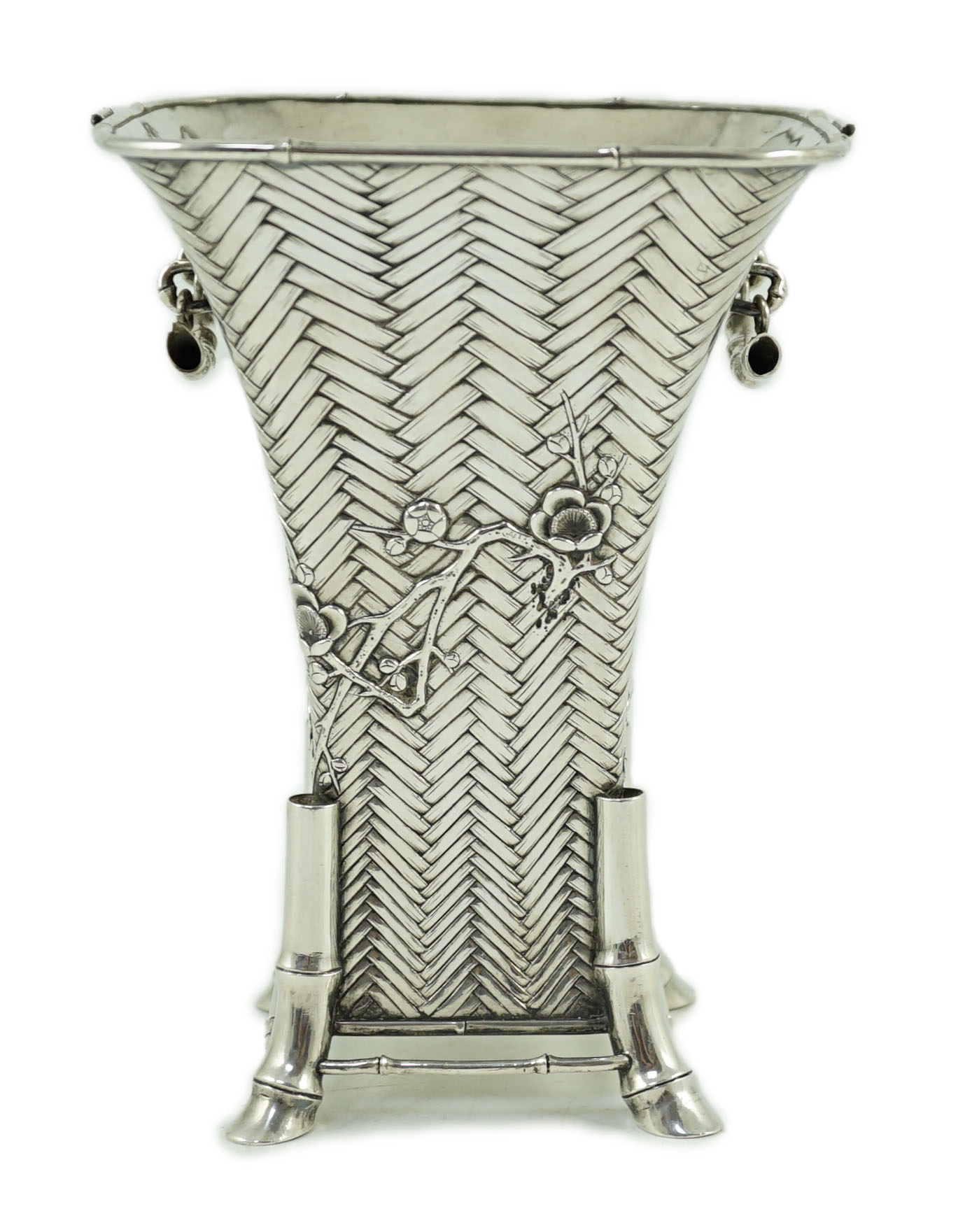A 20th century Japanese Meiji period silver vase, c.1900, width 12.5cm, height 16.9cm, 13oz.